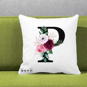 Cadou Personalizat - Perna Personalizata Monograma Florala Litera P, 40x40 cm, Alba Mata, Husa Detasabila, Perna Inclusa, BEKZ®