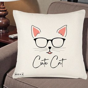 Perna Personalizata Cute Cat cu Ochelari, 40x40 cm, Crem Reliefat, Husa Detasabila, Perna Inclusa, BEKZ®