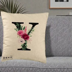 Cadou Personalizat - Perna Personalizata Monograma Florala Litera Y cu Buchet, 40x40 cm, Bej, Husa Detasabila, Perna Inclusa, BEKZ®