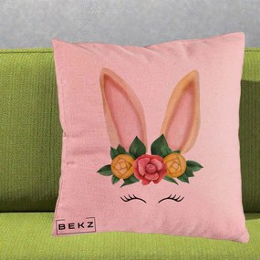 Perna Decorativa Iepuras Flori Urechi Pastelui, 40x40 cm, Roz, Husa Detasabila, Perna Inclusa, BEKZ®