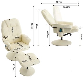 Fotoliu de masaj cu funcție de înclinare, fotoliu de relaxare din material PU, rotație de 360°, încălzire & taburet, 75x79,5x107 cm, Bej
