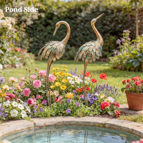 Outsunny Set de 2 statui de grădină, sculptură de stârc din metal, statui de păsări 91/95cm, pentru curte, iaz, terasă, auriu/albastru | Aosom Romania