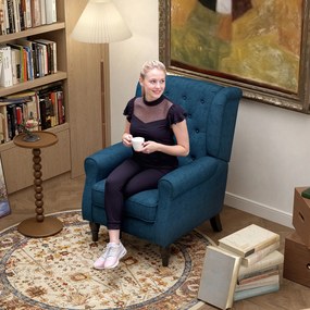 HOMCOM Scaun Decorativ Capitonat cu Spatar Inalt, Cotiere Rotunjite Captusite și Sezut cu Captuseala Groasa, Albastru | Aosom Romania