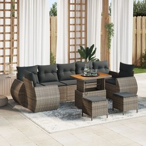 vidaXL Set de canapea pentru grădină , cu 10 piese și perne din rattan gri din poliester și lemn de acacia.
