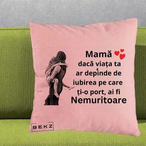 Cadou pentru Mama - Perna Personalizata Mama Nemuritoare Gravura Vintage, 40x40 cm, Roz, Husa Detasabila, Perna Inclusa, BEKZ®