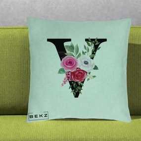 Cadou Personalizat - Perna Personalizata Monograma Florala Litera V cu Buchet, 40x40 cm, Verde Menta, Husa Detasabila, Perna Inclusa, BEKZ®