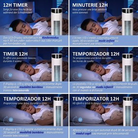HOMCOM Ventilator Turn cu 3 Moduri și 3 Viteze cu Cronometru 12h, ABS și Ventilator de Podea cu Telecomandă, Ø31.5x93 cm, Alb | Aosom Romania