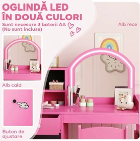 AIYAPLAY Set masă și scaun de machiaj pentru copii, cu lumini LED, MDF, Acril, 88.6 x 38.8 x 96.9, Roz | Aosom Romania