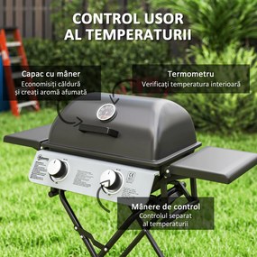 Outsunny Barbecue pe Gaz 2 Arzătoare, 2 Rafturi, Capac și Termometru Negru | Aosom Romania