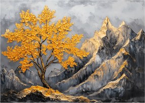 Tablou pe sticlă – Arbore auriu în munți (70x50 cm)