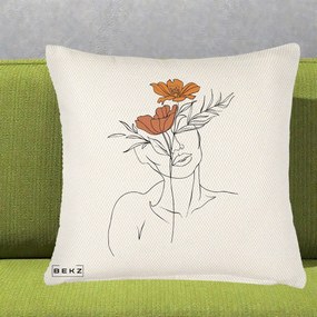Perna Decorativa Portret Feminin Doua Flori, 40x40 cm, Crem Reliefat, Husa Detasabila, Perna Inclusa, BEKZ®