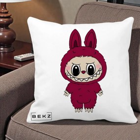 Perna Personalizata Labubu Rosu-Visiniu Solo, 40x40 cm, Alba Mata, Husa Detasabila, Perna Inclusa, BEKZ®