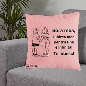 Cadou pentru Sora - Perna Personalizata Sora Mea Te Iubesc Copii Tinand Maini Line Art, 40x40 cm, Roz, Husa Detasabila, Perna Inclusa, BEKZ®