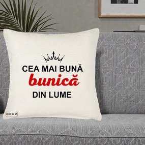 Cadou pentru Bunica - Perna Personalizata Cea Mai Buna Bunica Din Lume Coroana Neagra, 40x40 cm, Crem Reliefat, Husa Detasabila, Perna Inclusa, BEKZ®