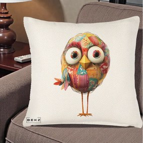 Perna Decorativa Pasare Patchwork cu Gene Lungi, 40x40 cm, Crem Reliefat, Husa Detasabila, Perna Inclusa, BEKZ®
