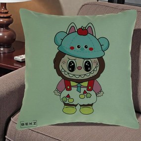 Perna Personalizata Labubu x Urs Albastru Colorat, 40x40 cm, Verde, Husa Detasabila, Perna Inclusa, BEKZ®