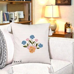 Perna Decorativa Buchet Primavara Acuarela, 40x40 cm, Bej cu Franjuri, Husa Detasabila, Perna Inclusa, BEKZ®