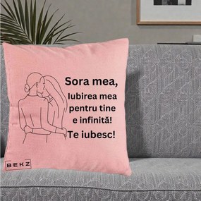 Cadou pentru Sora - Perna Personalizata Sora Mea Te Iubesc Imbratisare din Spate Line Art, 40x40 cm, Roz, Husa Detasabila, Perna Inclusa, BEKZ®
