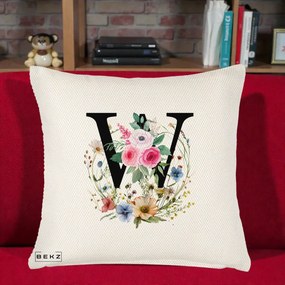 Cadou Personalizat - Perna Personalizata Monograma Florala Litera W, 40x40 cm, Crem Reliefat, Husa Detasabila, Perna Inclusa, BEKZ®