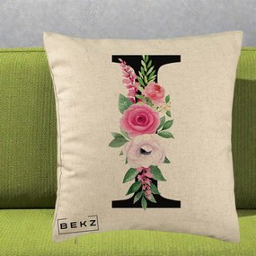 Cadou Personalizat - Perna Personalizata Monograma Florala Litera I, 40x40 cm, Bej, Husa Detasabila, Perna Inclusa, BEKZ®