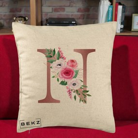 Cadou Personalizat - Perna Personalizata Monograma Rose Gold Litera N, 40x40 cm, Bej, Husa Detasabila, Perna Inclusa, BEKZ®