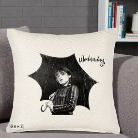 Perna Personalizata Wednesday Addams cu Umbrela Foto, 40x40 cm, Crem Reliefat, Husa Detasabila, Perna Inclusa, BEKZ®