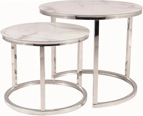 Set 2 masute cafea ATLANTA B II, alb cu efect de marmura/crom, sticla/