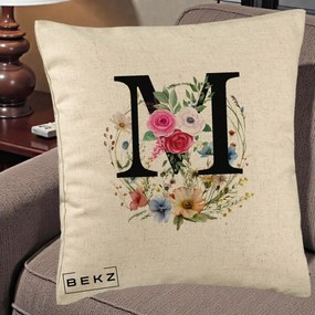 Cadou Personalizat - Perna Personalizata Monogram Litera M cu Flori Acuarela, 40x40 cm, Bej, Husa Detasabila, Perna Inclusa, BEKZ®