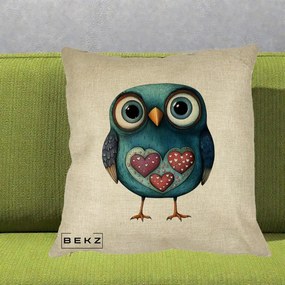 Perna Decorativa Bufnita Teal cu Doua Inimi, 40x40 cm, Crem, Husa Detasabila, Perna Inclusa, BEKZ®