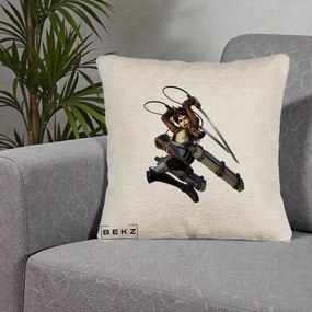 Perna Personalizata Attack on Titan Eren Yeager Lupta, 40x40 cm, Bej Canapea, Husa Detasabila, Perna Inclusa, BEKZ®