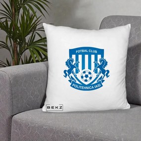 Perna Personalizata FC Politehnica Iasi Fotbal, 40x40 cm, Alb Pufos, Husa Detasabila, Perna Inclusa, BEKZ®