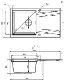 Chiuveta bucatarie hibrid din granit, culoare grafit antracit, Deante Prime Grafit/Antracit