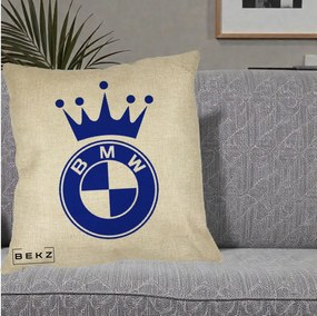 Perna Personalizata cu emblema BMW si Coroana, 40x40 cm, Crem, Husa Detasabila, Perna Inclusa, BEKZ®