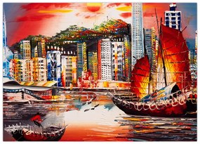 Tablou - Victoria Harbour, Hong Kong, pictură în ulei (70x50 cm)