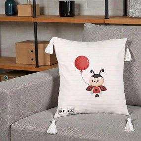 Perna Decorativa Buburuza cu Balon Rosu, 40x40 cm, Bej cu Franjuri, Husa Detasabila, Perna Inclusa, BEKZ®