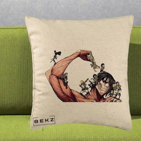 Perna Personalizata Attack on Titan Eren Titan Grup, 40x40 cm, Bej, Husa Detasabila, Perna Inclusa, BEKZ®