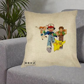 Perna Personalizata Pokemon Ash Misty Brock si Pikachu, 40x40 cm, Crem, Husa Detasabila, Perna Inclusa, BEKZ®