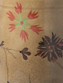 Borcan din ceramică artizanală natur cu capac, motive florale și păsări pictate manual, maro și roșu, 22 × 12 cm, „Campana"