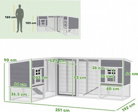 PawHut Cotet pentru găini casă din lemn în formă de L cu 2 case, 2 niveluri, zonă de alergare, rampă, 251 x 192 x 103 cm Gri | Aosom Romania