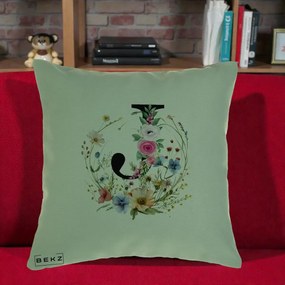 Cadou Personalizat - Perna Personalizata Monogram Litera J cu Flori Acuarela, 40x40 cm, Verde, Husa Detasabila, Perna Inclusa, BEKZ®