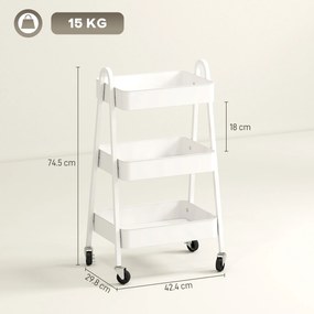 HOMCOM Cărucior de Bucătărie cu 3 Niveluri, Roți Pivotante, Mânere și Frâne, 42,4x29,8x74,5 cm, Alb | Aosom Romania