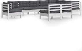 vidaXL Set mobilier grădină cu perne, 10 piese, alb, lemn masiv pin