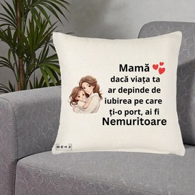 Cadou pentru Mama - Perna Personalizata Mama Nemuritoare cu Balon Inima, 40x40 cm, Crem Reliefat, Husa Detasabila, Perna Inclusa, BEKZ®