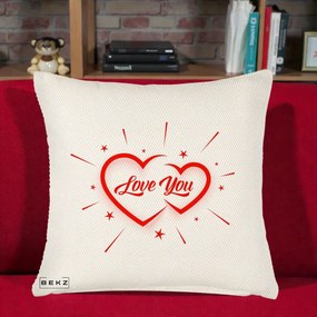 Cadou Romantic - Perna Personalizata Love You Doua Inimi, 40x40 cm, Crem Reliefat, Husa Detasabila, Perna Inclusa, BEKZ®