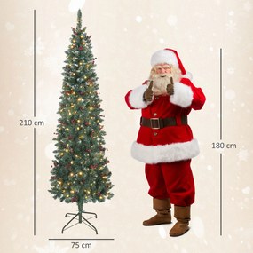 HOMCOM Pom de Crăciun Slim 210 cm Artificial, Lumini Incorporate în 8 Moduri, 300 Ramuri Dens Ignifuge Înzăpezite, 55 Conuri și 55 Ciorchini de Boabe, Pom de Crăciun Îngust și Înalt cu Bază din Metal | Aosom Romania