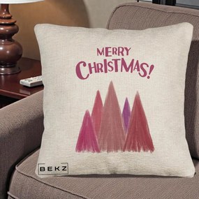 Perna Decorativa Merry Christmas Brazi Roz, 40x40 cm, Bej Canapea, Husa Detasabila, Perna Inclusa, BEKZ®
