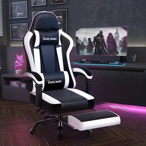 Scaun gaming, Masaj în perna lombară, Suport picioare, Rabatabil 90-165°, piele PU, Negru/Alb
