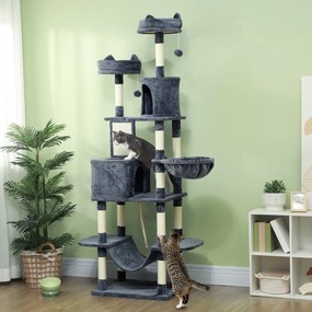 PawHut Ansamblu de Cățărat pentru Pisici, 206 cm, cu Stâlpi din Sisal, Căsuțe și Hamace, Gri Închis | Aosom Romania