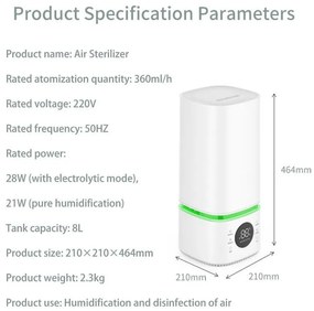 Umidificator de aer si sterilizator 2in1 Atractiv BREEZE, Pana la 40 m², 8 l, 360ml/h, 3 trepte, Ecran tactil, Ceata de apa si sterilizare, Alb