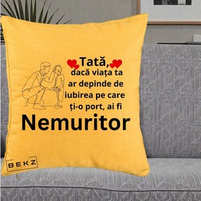 Cadou pentru Tata - Perna Personalizata Tata Nemuritor Baietel, 40x40 cm, Galben, Husa Detasabila, Perna Inclusa, BEKZ®